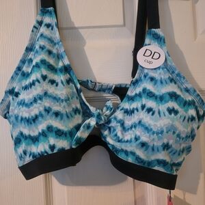 3 Piece Set. Blue & Teal Patterned DD Cup Bikini Top, Bottoms, and Sarong